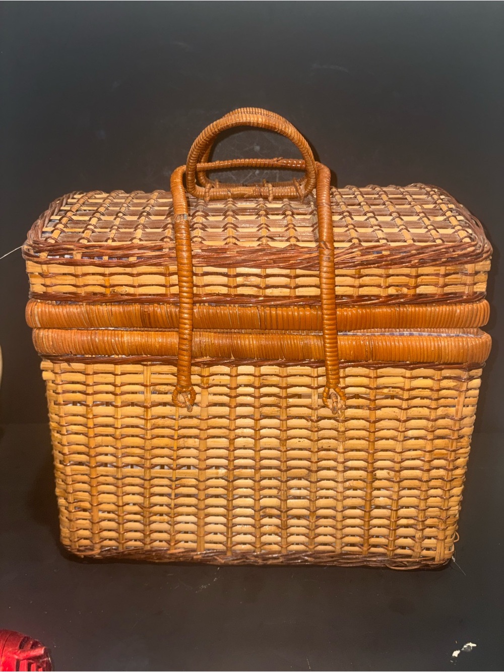 Woven Picnic Basket in Natural Tan- Lined- 3 plates, spoons, knives, forks